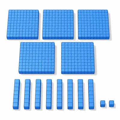 Base-ten blocks showing hundreds flats, ten-rods, and unit cubes.