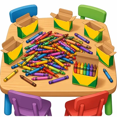 Crayons on a table with boxes, one box showing a group of crayons inside.