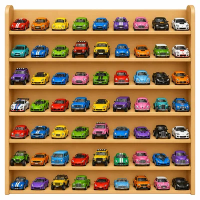 Seven shelves each holding nine toy cars.