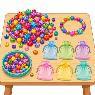 A bead bracelet, a pile of beads, and six small bags for sharing beads.