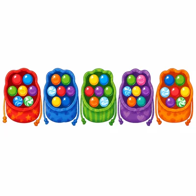 Five bags, each filled with seven marbles.