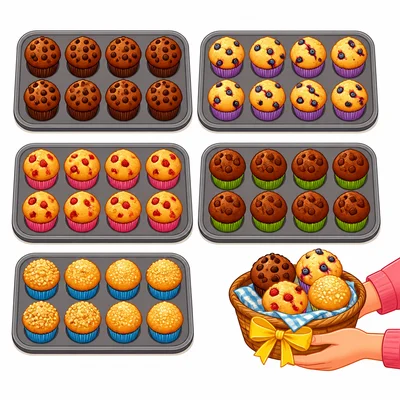 Five trays of muffins with some muffins set aside.