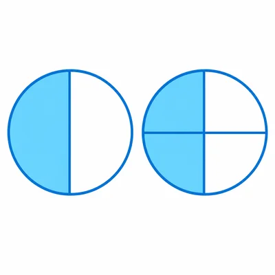 Two circles showing one half and two fourths shaded.