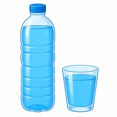 A large water bottle next to a smaller cup of water.