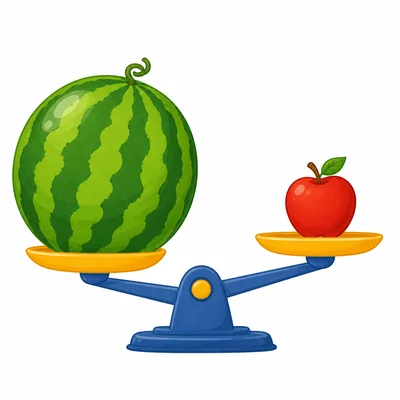 A large watermelon compared with a small apple on a balance scale.