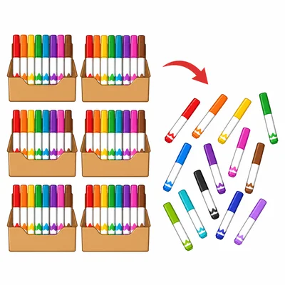 Six boxes of markers with some markers taken out.