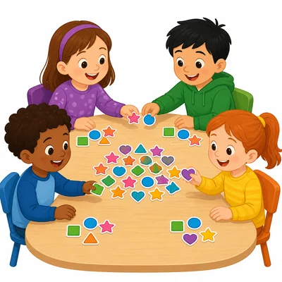 Four students sharing stickers equally.