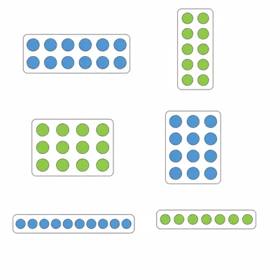 Several rectangular arrays of counters showing factor pairs.