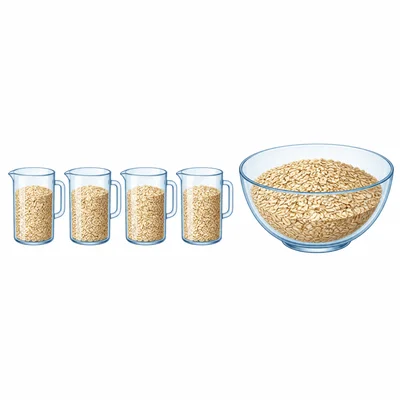 Four measuring cups each partly filled with oats, plus a bowl of combined oats.