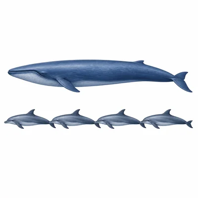 A whale shown as the same length as four dolphins placed end to end.