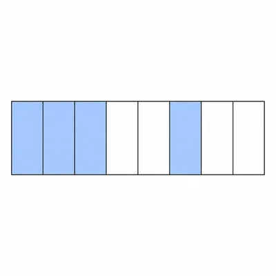 A rectangle divided into eight equal parts with three parts shaded.
