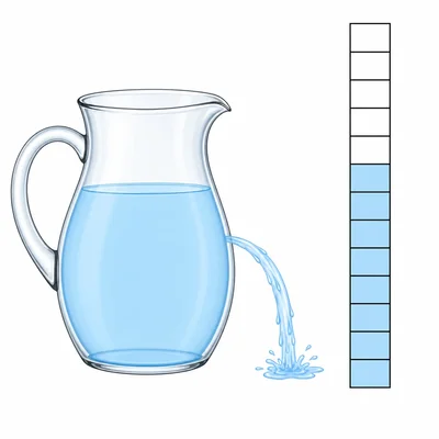 A water fraction model showing nine twelfths filled and five twelfths poured out.