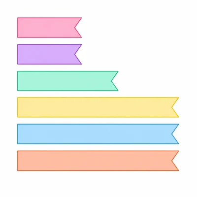 Six ribbons of different lengths arranged in a stack.