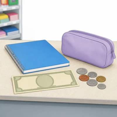 A notebook and pencil case with a bill and coins representing a purchase.