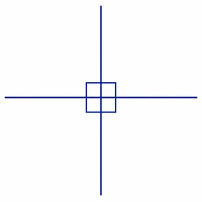 Two perpendicular lines crossing to form four right angles.