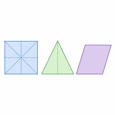 Square, isosceles triangle, and parallelogram showing symmetry lines.