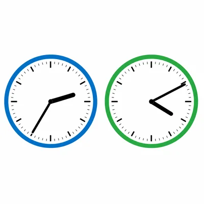 Two analog clocks showing the movie start and end times.