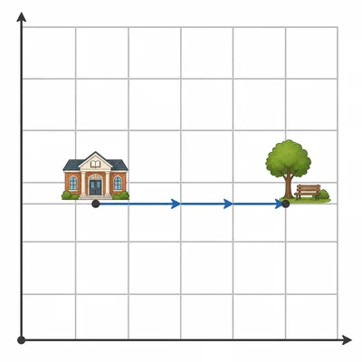 Grid map showing a park three spaces to the right of a library.