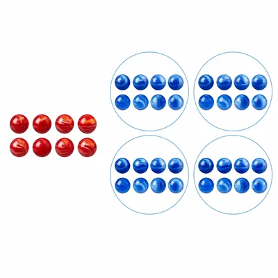One group of red marbles and four equal groups of blue marbles.