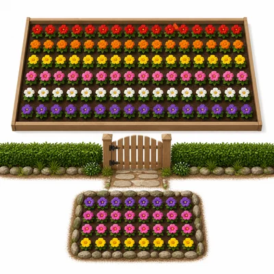 Garden with flower rows and an extra flower patch near a gate.