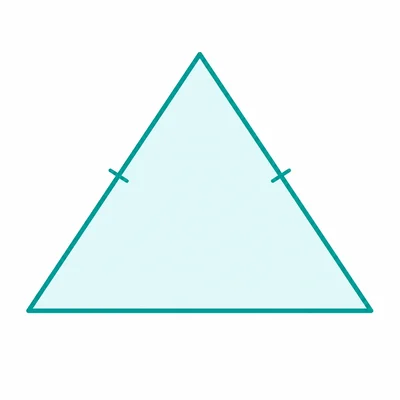 An isosceles triangle with two equal sides marked.