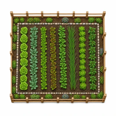 A rectangular garden with rows of plants and a border.