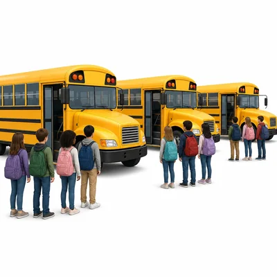 Several school buses with groups of students nearby.