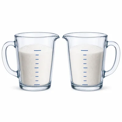 Two measuring cups each filled about three-quarters with sugar.