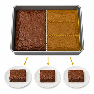 Half of a brownie pan divided equally into three pieces.