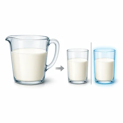 A measuring cup model showing half of three fourths of a cup.