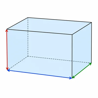 A rectangular prism with length, width, and height edges highlighted.
