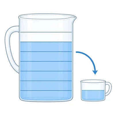 A jug three fourths full divided into eighth-size portions with a small cup beside it.