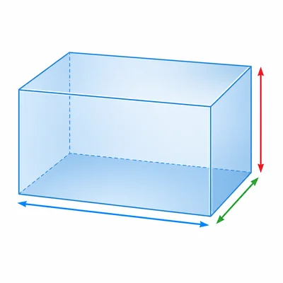 A rectangular prism with arrows showing length, width, and height.