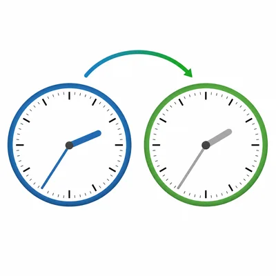 Two analog clocks with an arrow showing elapsed time from the starting clock.