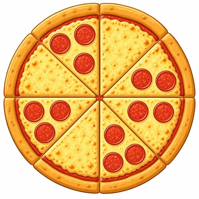 Pizza divided into eight slices with four pepperoni slices.