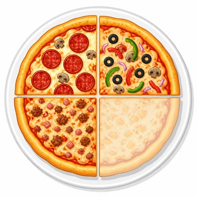 Pizza divided into four equal slices with three shaded.