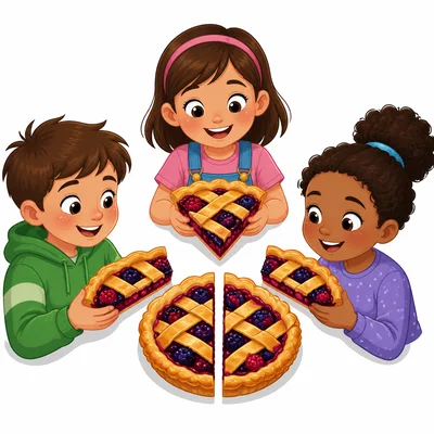 Three children sharing one pie divided into three equal slices.