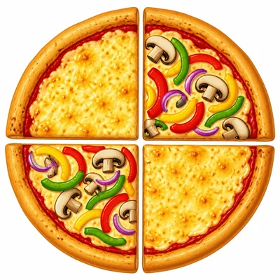 Pizza cut into four slices, two cheese and two veggie.
