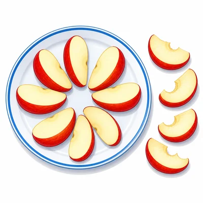 Eight apple slices with half shown eaten.