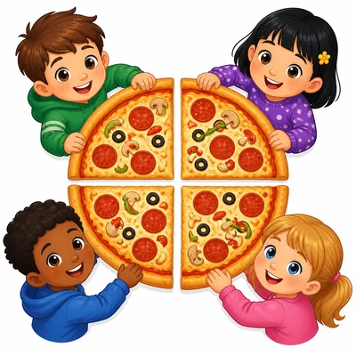 Four children sharing one pizza divided into four equal slices.