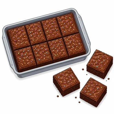 Brownie pan divided into eight pieces with three pieces removed.