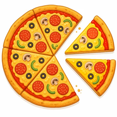 Pizza divided into six equal slices with two slices selected.