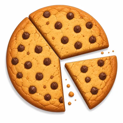 Cookie cake cut into three equal pieces with one piece selected.