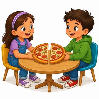 Two children sharing a pizza split into two equal halves.