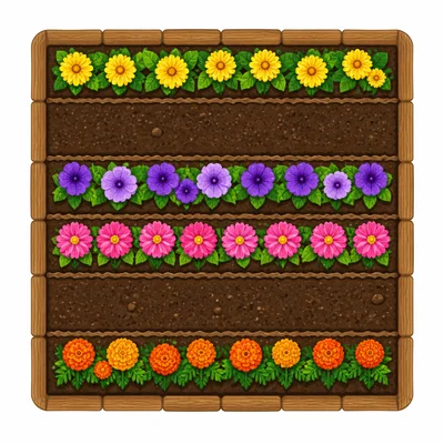 A garden with six equal rows, four rows filled with flowers.