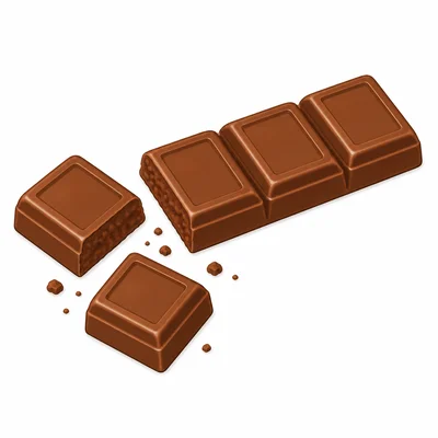 A candy bar split into five equal pieces with two pieces separated.