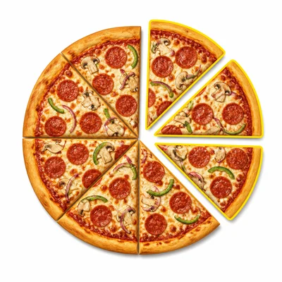 A pizza divided into eight equal slices with three slices separated and highlighted.