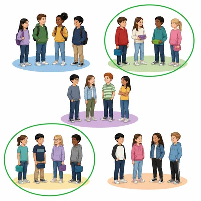 Twenty student icons arranged in five groups, with two groups highlighted as bringing lunch.