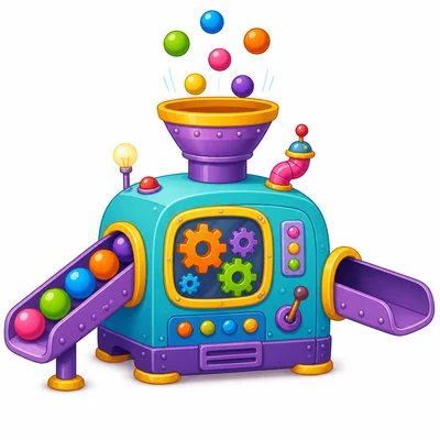 A colorful function machine with balls going in and more balls being added.