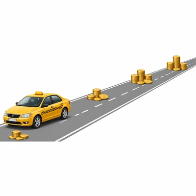 A taxi with coins showing a starting cost and added cost along a route.